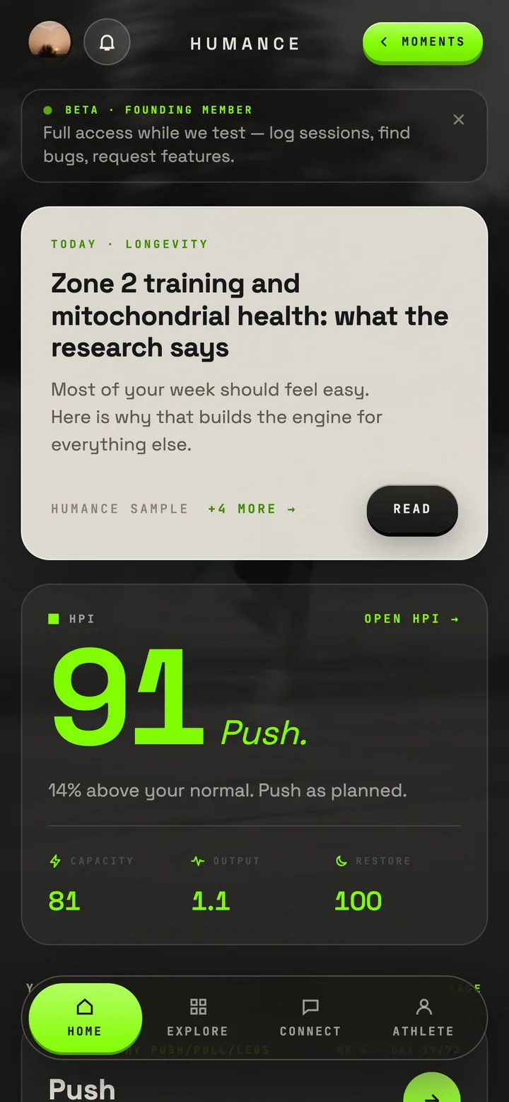 Humance home screen with today's HPI and a longevity read