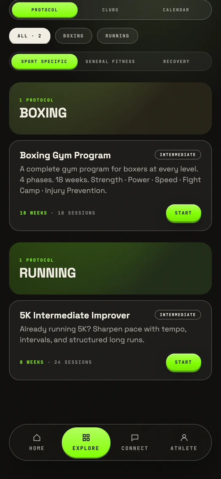 Protocols in the Humance app: Boxing Gym Program and 5K Intermediate Improver